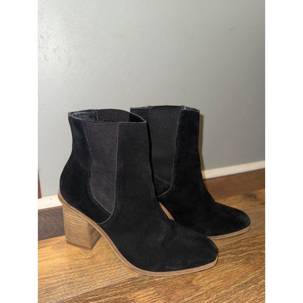 Mango Black Suede Block Heel Ankle Boots Booties Size 6.5‎ 37